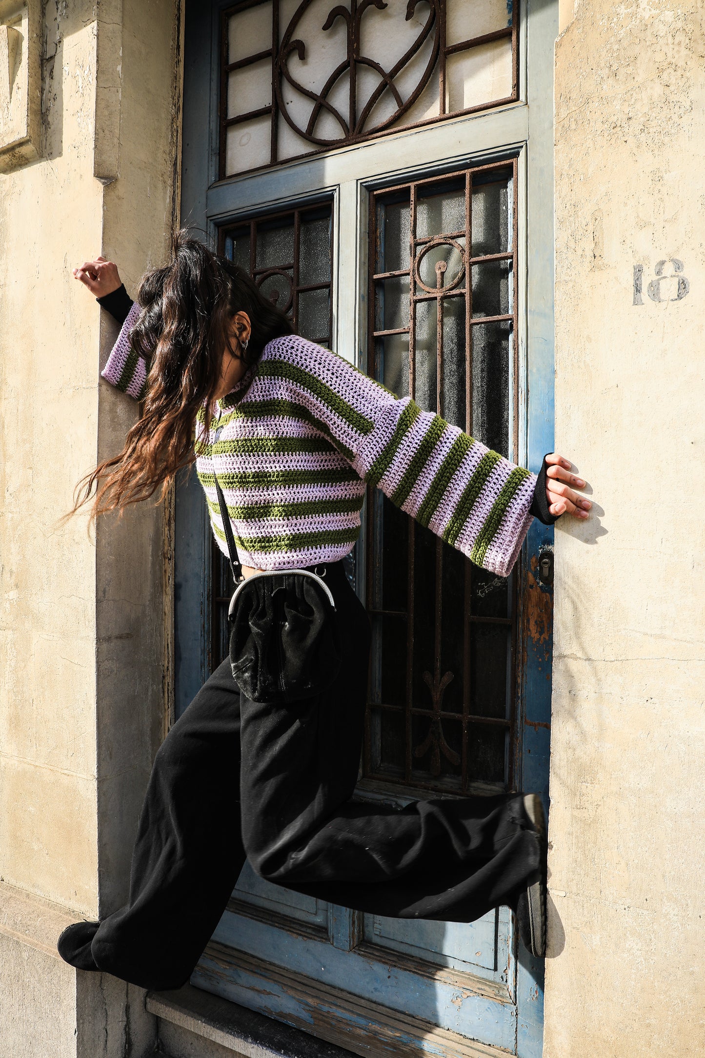 Pull Croptop Longues Manches Vert kaki et Rose pâle