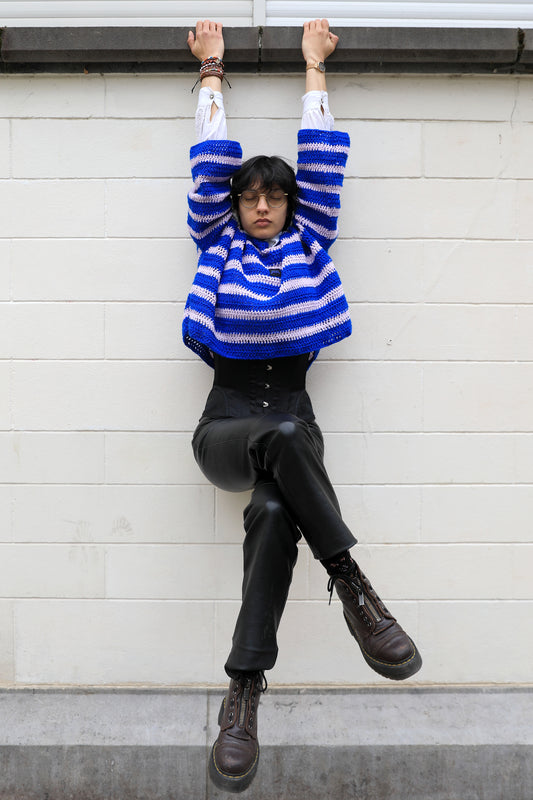 Pull Croptop Longues Manches bleu et rose pâle
