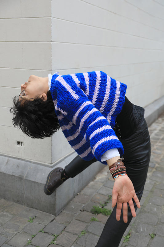 Pull Croptop Longues Manches bleu et rose pâle