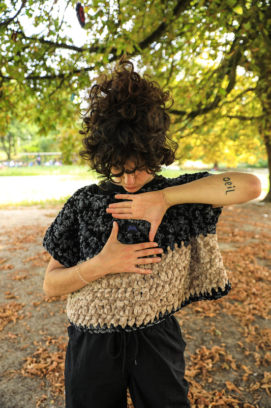 Pull Chenille Noir & Beige