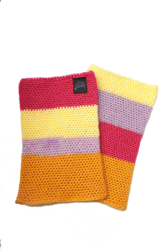 Guêtres rayées rose, jaune pastel, lilas et jaune