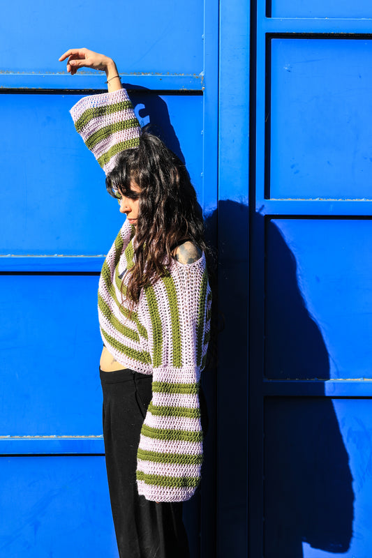 Pull Croptop Longues Manches Vert kaki et Rose pâle